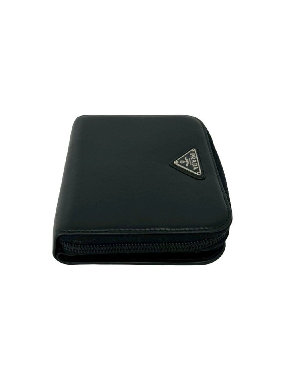 Prada Triangle Logo Leather Bifold Wallet Mini Coin Case Card Black - Picture 4 of 10